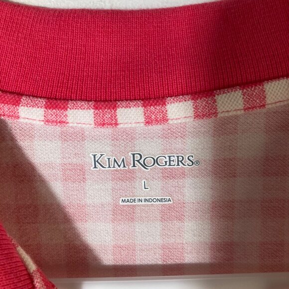Womens Kim Rogers Gingham Short Sleeve Polo Pink Coral‎ White L Cotton - Picture 5 of 7